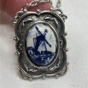 Vintage Sarah Coventry Delft Blue Windmill Pendant Necklace